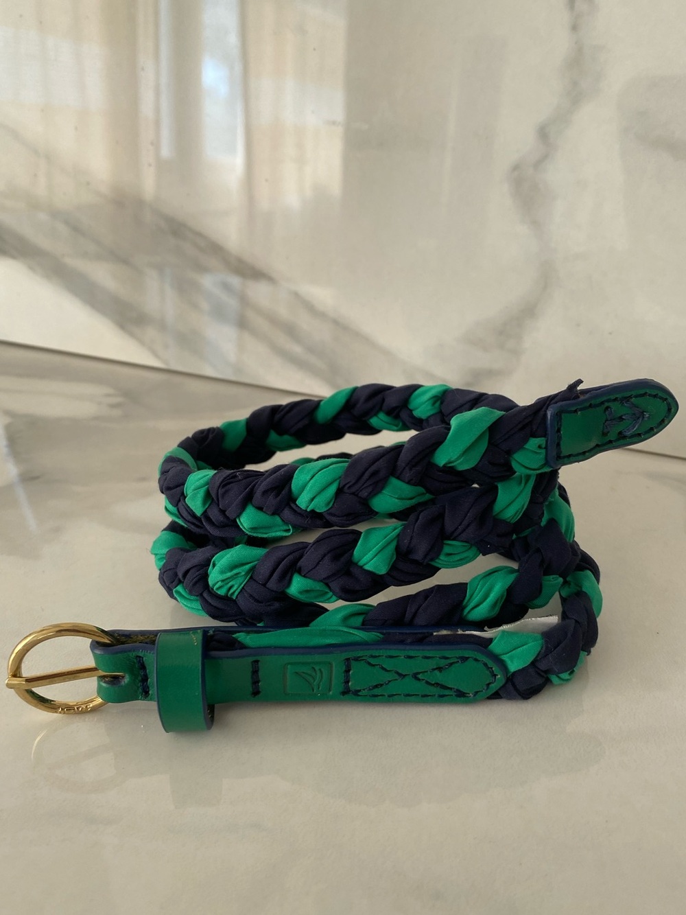 Sperry Top Sider Belt Woven Fabric Leather Gold Tone Buckle Nautical Coastal
